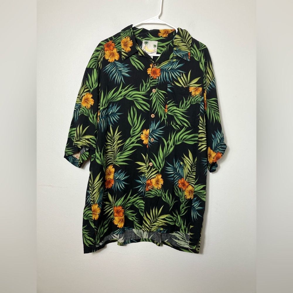 Banana Cabana Men’s Tropical Button Up Sz 2xL 100% Silk Vacation‎ Short Sleeve